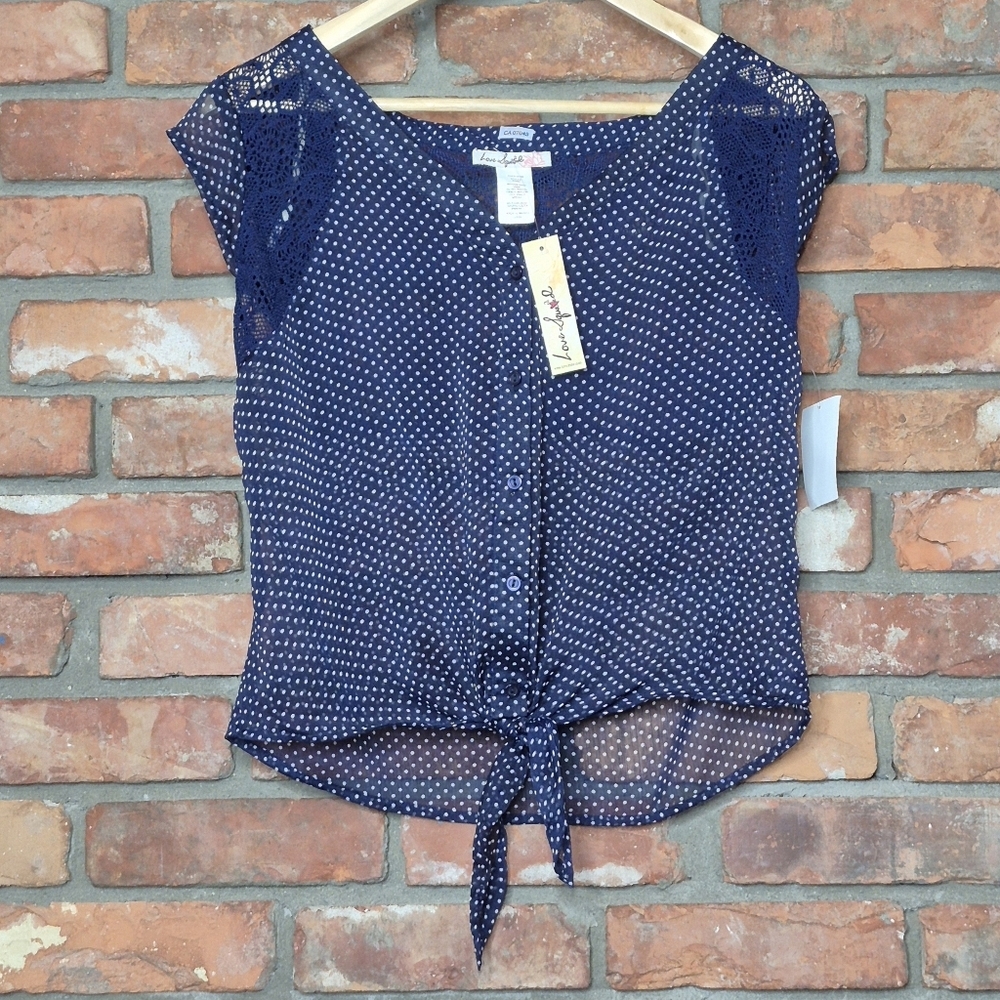 Love Squared NWT Navy Polka Dot Blouse Lace Tie Front Sheer Top Size Large
